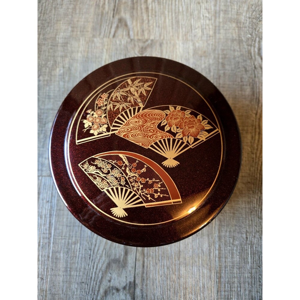 Vintage Japanese Lacquer Style Plastic Box 6.25" Gold Fan Motif Black Red Bowl